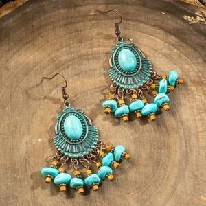 Boho Turquoise Stone Beaded Tassel Drop Earrings